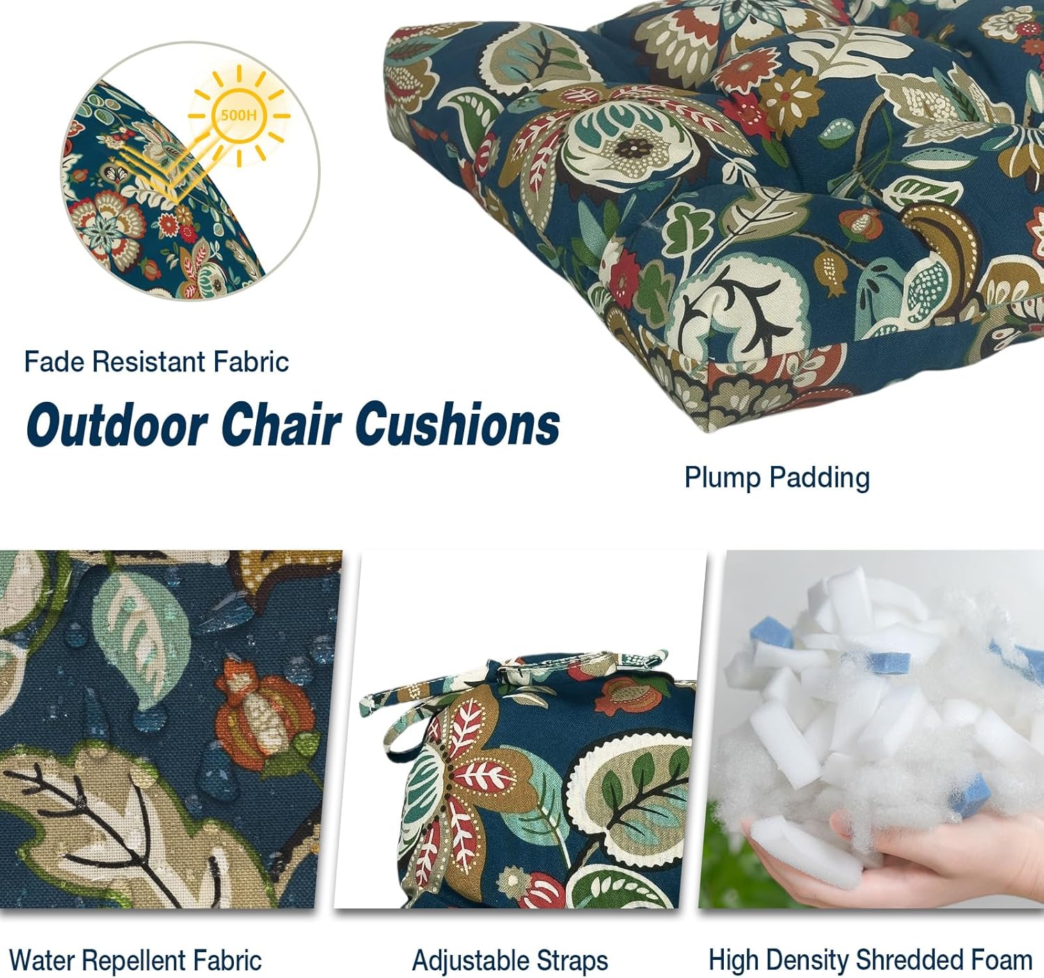 Patio Wicker Chair Cushions, All Weather Outdoor Tufted Chair Pads Pack of 2, 19 x 19 x 4 Inch U-Shaped Seat Cushions of Garden Furniture Decoration, Peacock Blue