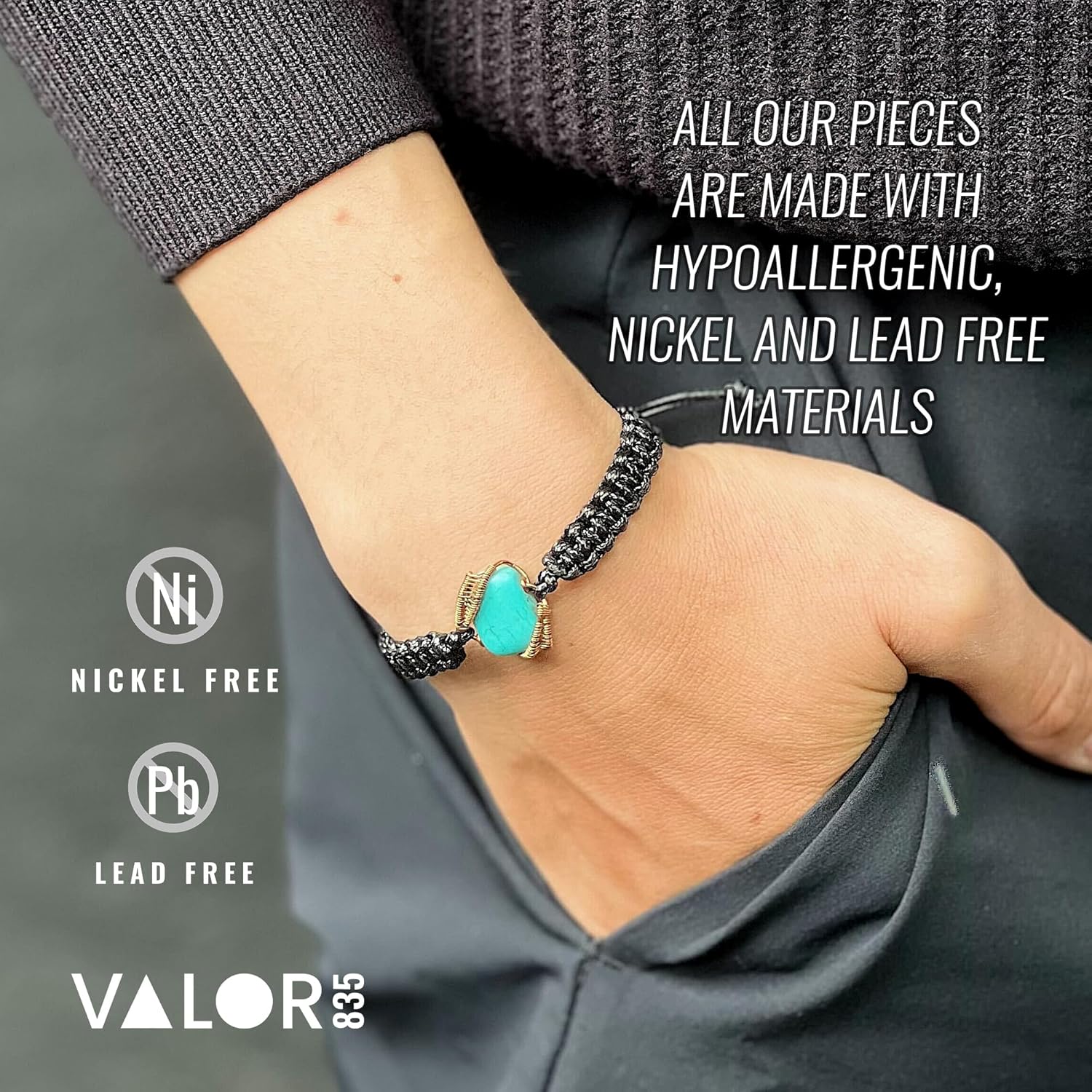 NEW VALOR 835 Raw Bracelet for Men - Natural Crystal Gemstone - Men’s Jewelry Gift - Size Adjustable Bracelet - Turquoise Bracelet - December Birthstone - Gift for Men
