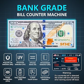 PONNOR Money Counter Machine Mixed Denomination Counterfeit Detection with Money Wrapper