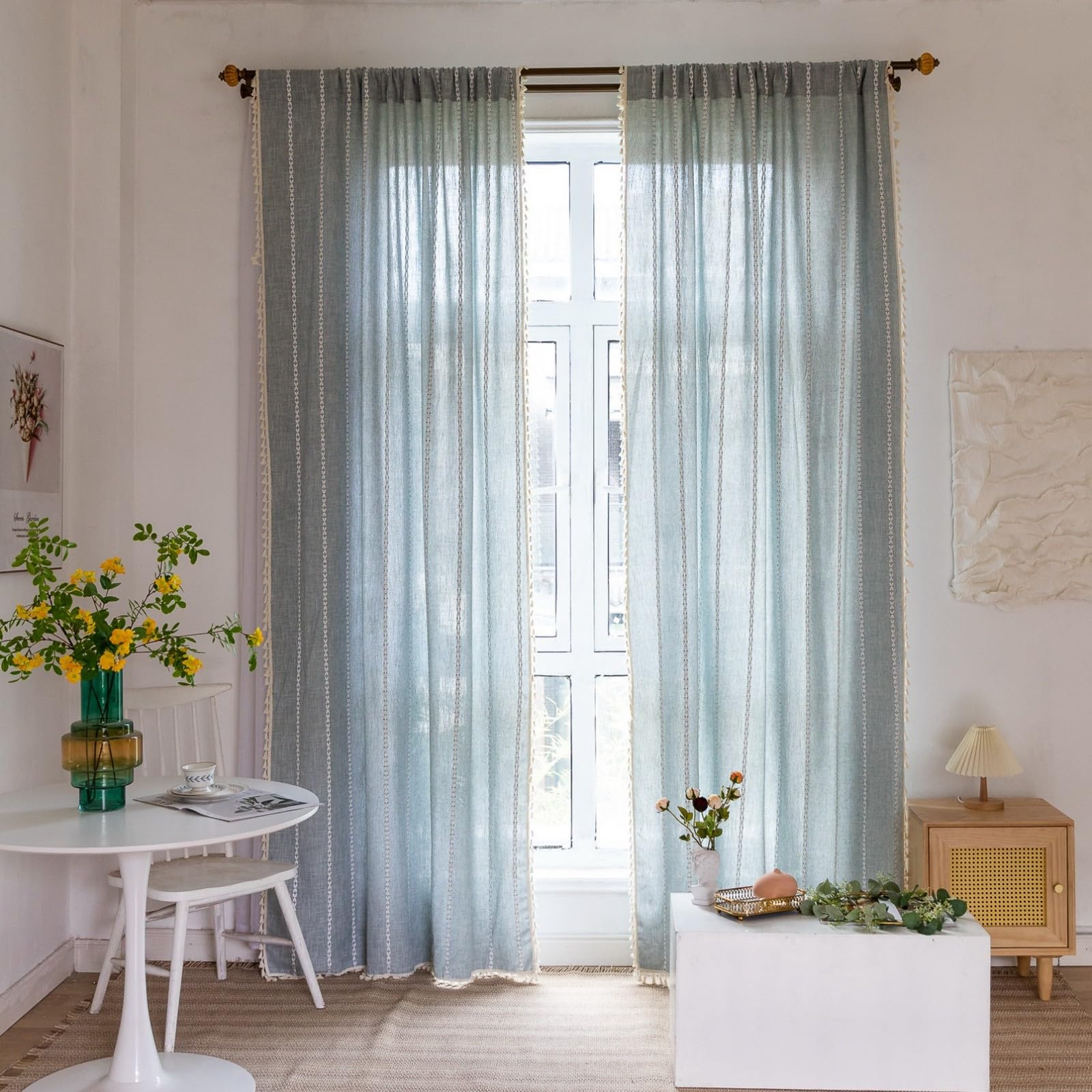 A.Monamour Vorhang Leinenoptik Gardine mit Quaste Geometrisch Boho Landhaus Halbtransparent Blickdicht Verdunkelnd Rod Tasche Stickerei Stores für Schlafzimmer Wohnzimmer Küche Fenster 1 Stück, blau