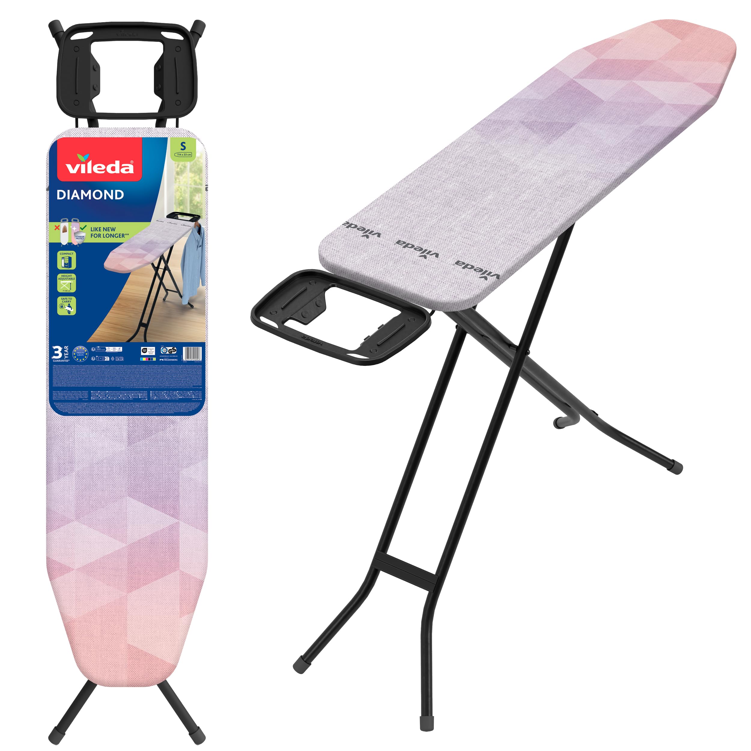 Vileda Diamond S Petite Table à Repasser – Hauteur réglable jusqu'à 91 cm – Pliable – Plus Longue – Compact et léger – 114 x 33 cm