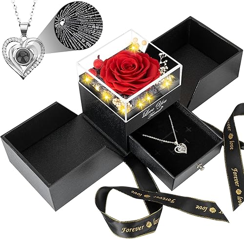 Miniatura 8 de Rosa roja real preservada con collar, flores para siempre, regalos de cumpleaños para mujeres, su madre, esposa, novia, abuela en San Valentín, día