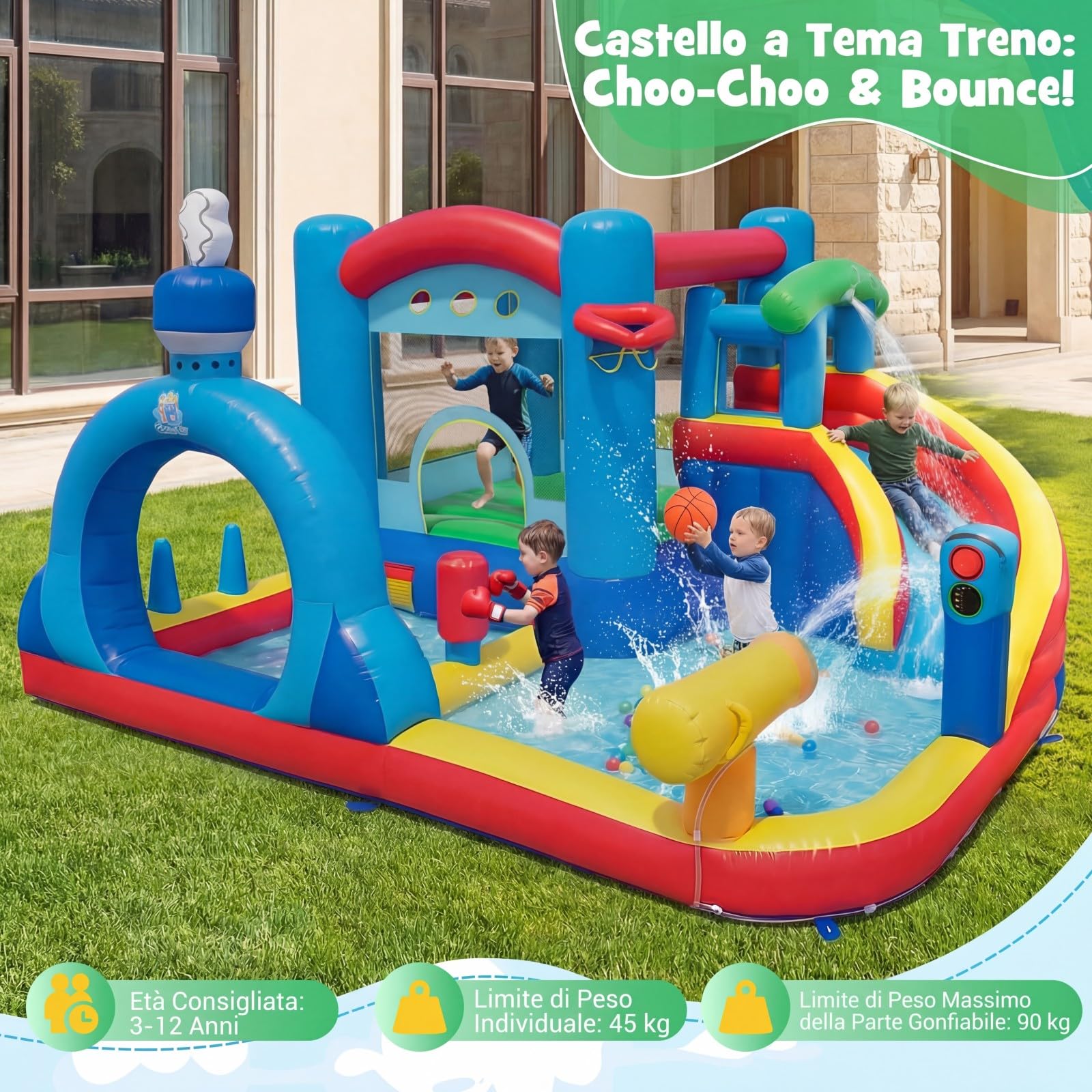 COSTWAY Castello Gonfiabile per Bambini, Casa Gonfiabile con Piscina, Cannone d'Acqua, Gioco con Anelli, Gioco a Bersaglio e Parete d'Arrampicata, Parco Acquatico da 3-12 Anni per Esterno