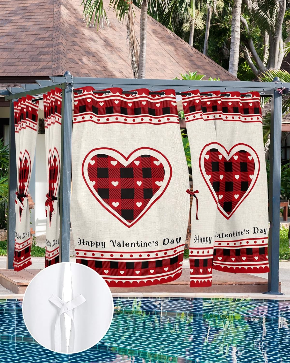 Indoor Outdoor Curtains for Patio Happy Valentine's Day Red Plaid Love Heart Beige Texture Outside Curtains Waterproof Grommet Privacy Light Filter Drapes for Porch Pergola Gazebo 52"Wx108"L 2 Panels