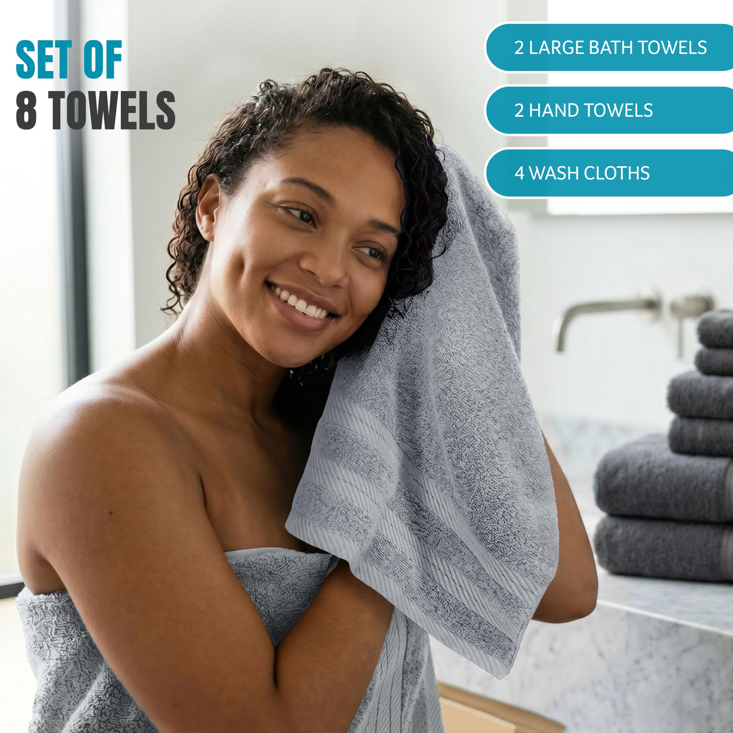 Utopia Towels Juego de toallas de 8 piezas, súper absorbentes y de secado rápido, 100 % algodón hilado en anillo, toallas gruesas para baño, spa y hotel, 2 baños, 2 manos, 4 toallas pequeñas, color