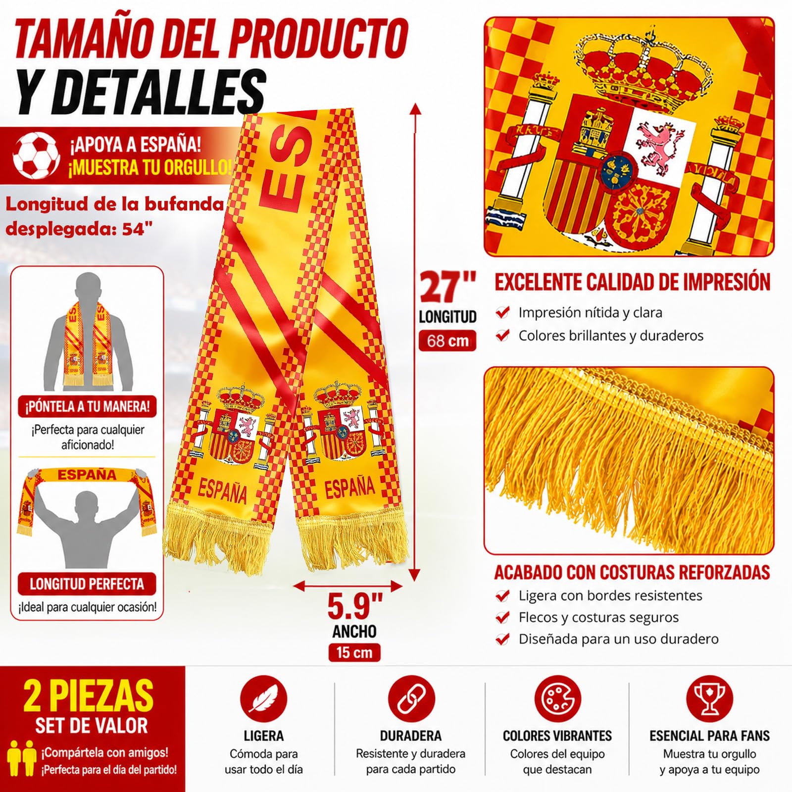 Bufanda España Fútbol 2 Unidades, Bufanda de Aficionado Roja y Amarilla de Poliéster, Diseño a Doble Cara para Torneo 2026, Estadio, Fan Zone y Eventos Deportivos