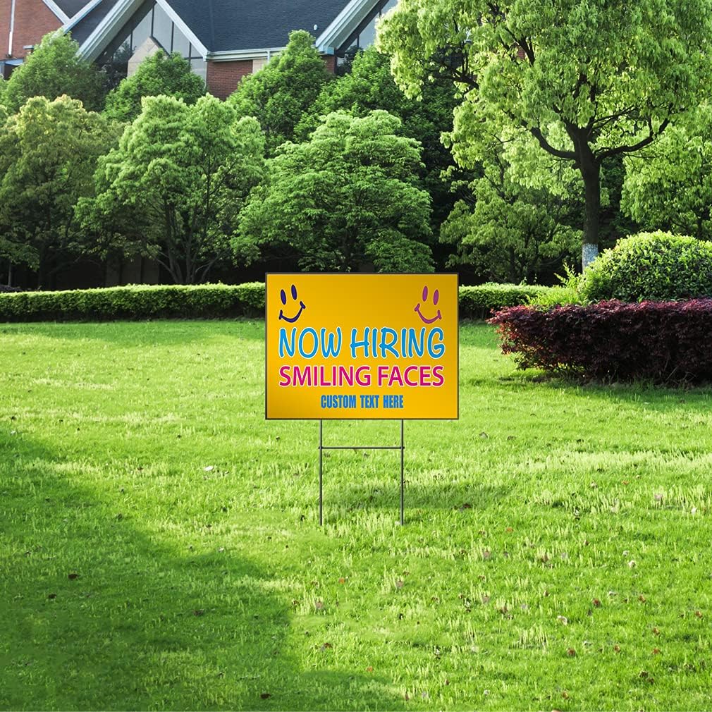Fastasticdeals Custom Weatherproof Yard Sign Now Hiring Smiling Faces #1 N1 Lawn Garden 18x12 Inches 2 Sides Print Personalized Text Here