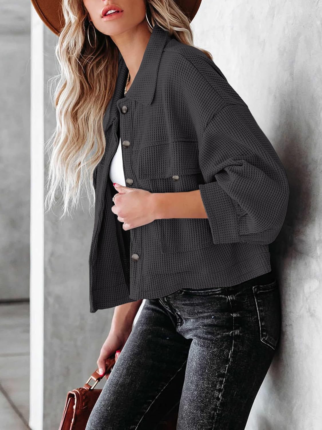 BZB Womens Waffle Knit Shacket Jackets Lightweight Cropped Shacket Long Sleeve Button Down Shirts - Image 4