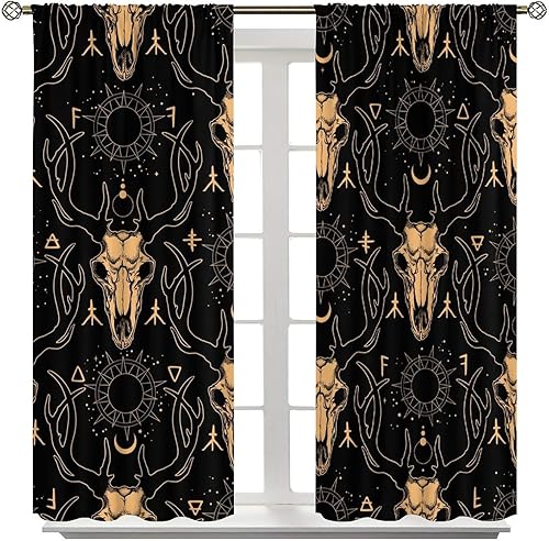 Vista 358 de Cortinas de cabeza de cabra, misteriosa cabeza de cabra malvada, calavera negra, bolsillo para barra, cortinas opacas para ventana, juego de 2