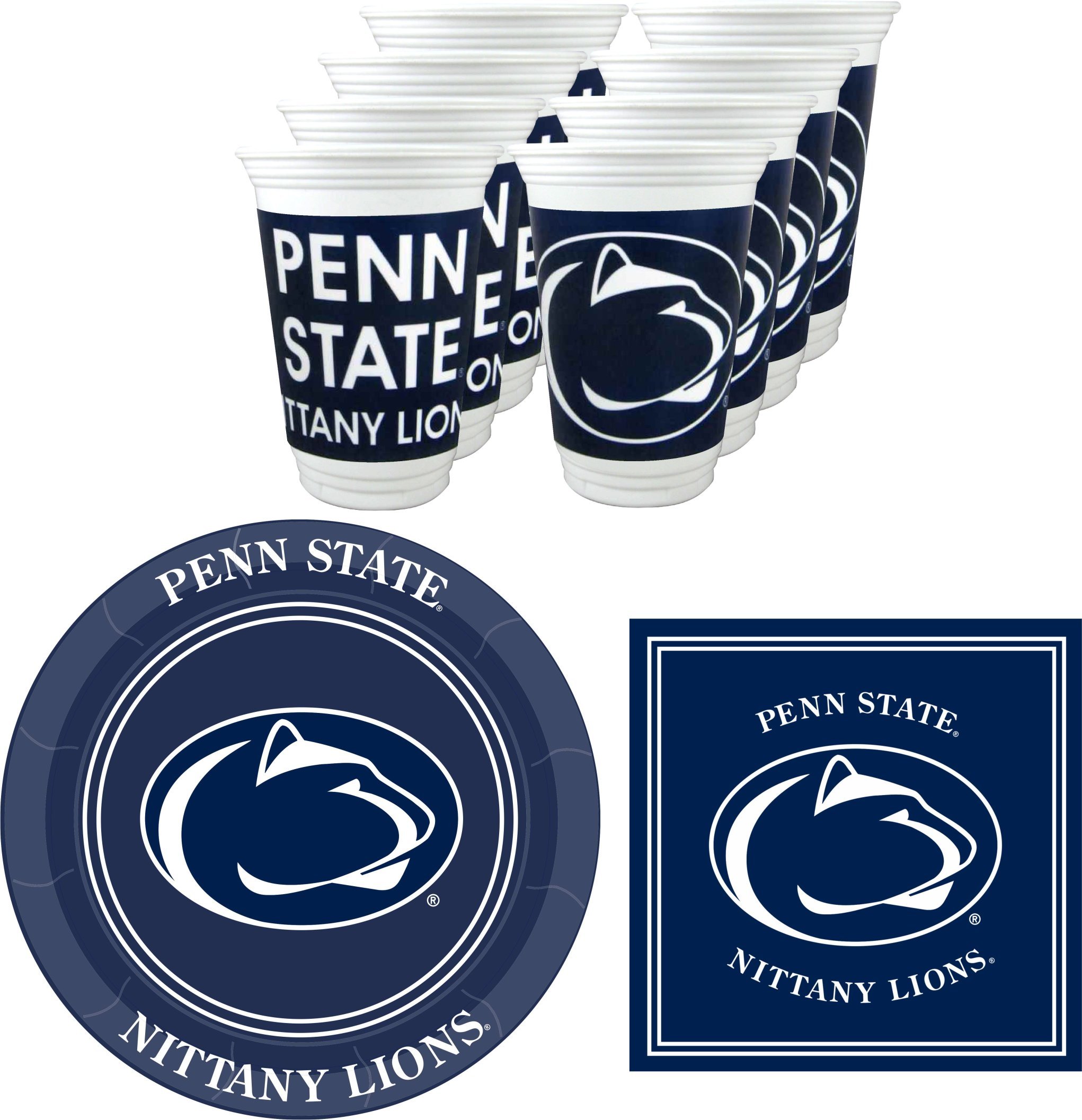 Westrick Party Supplies -Officially Licensed- Set: 16 oz. Plastic Beverage Cups, 9" Paper Plates, Luncheon Napkins, Complete Party Supplies - 48 Pieces for 16 Guests- Westrick Penn State Nittany Lions