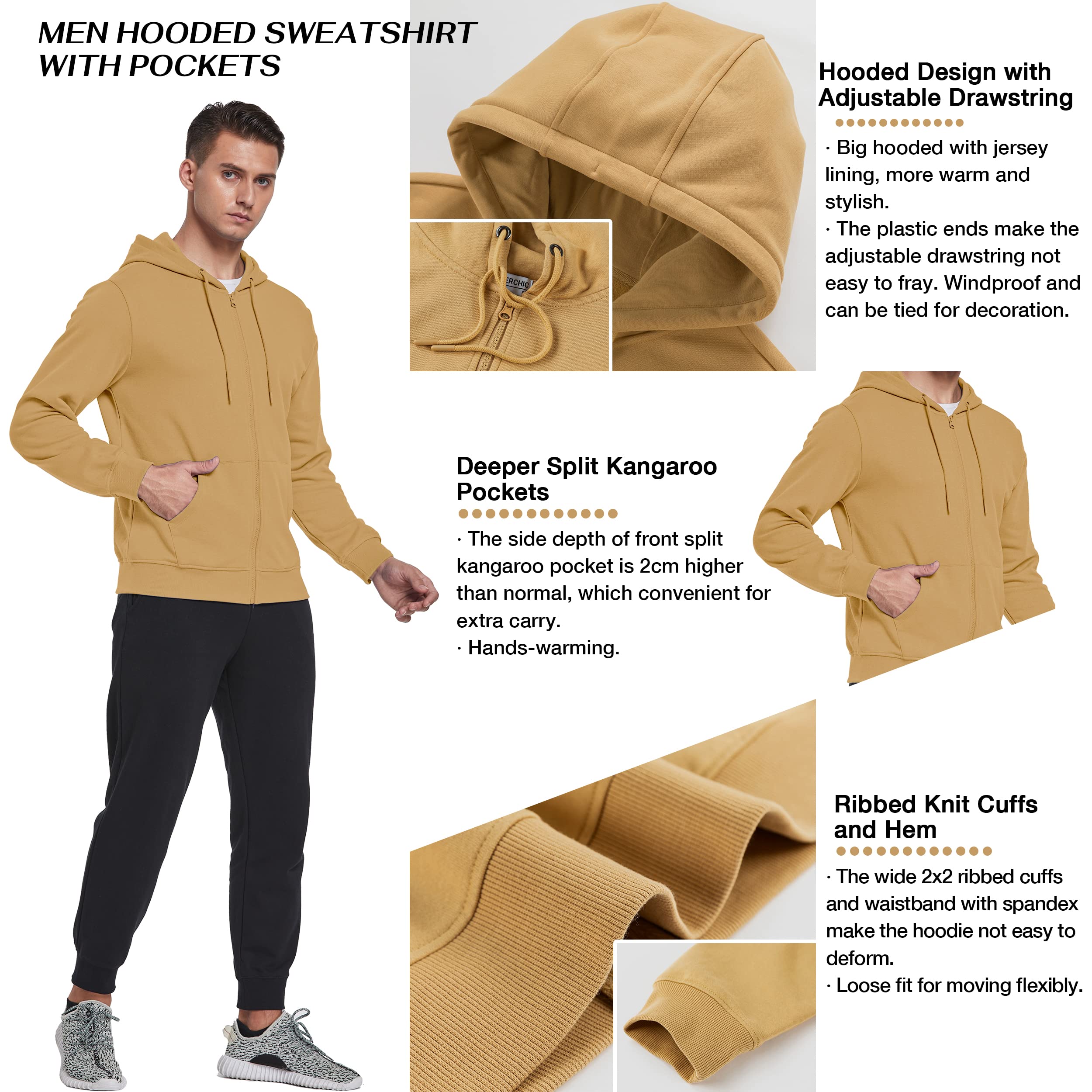 BETTERCHIC Męska sportowa bluza z kapturem na całej długości z kapturem kurtka polarowa płaszcz długi rękaw ściągana bluza S-3XL, Khaki, 3XL