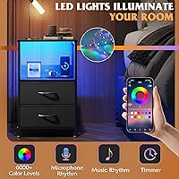 Vista 4 de WLIVE LED Night Stand with Charging Station, Black Nightstand with 2 Fabric Drawers and Storage Shelf, Dorm Bedside Table End Table with 2 USB Ports