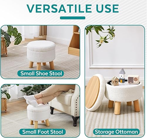Miniatura 6 de Otomana Pequeña con Almacenamiento, Otomana de Almacenamiento Pequeña Redonda, Taburete de Pies de Sherpa con Patas, Otomanas y Reposapiés para Sala