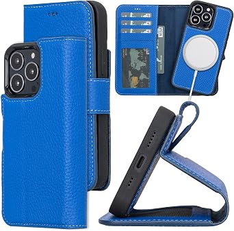 Bayelon Case for iPhone 13 Pro, Full Grain Leather Wallet Case, [2in1], Detachable Magnetic Flip Cover with Card Slots, Kickstand, MagSafe Compatible Royal Blue