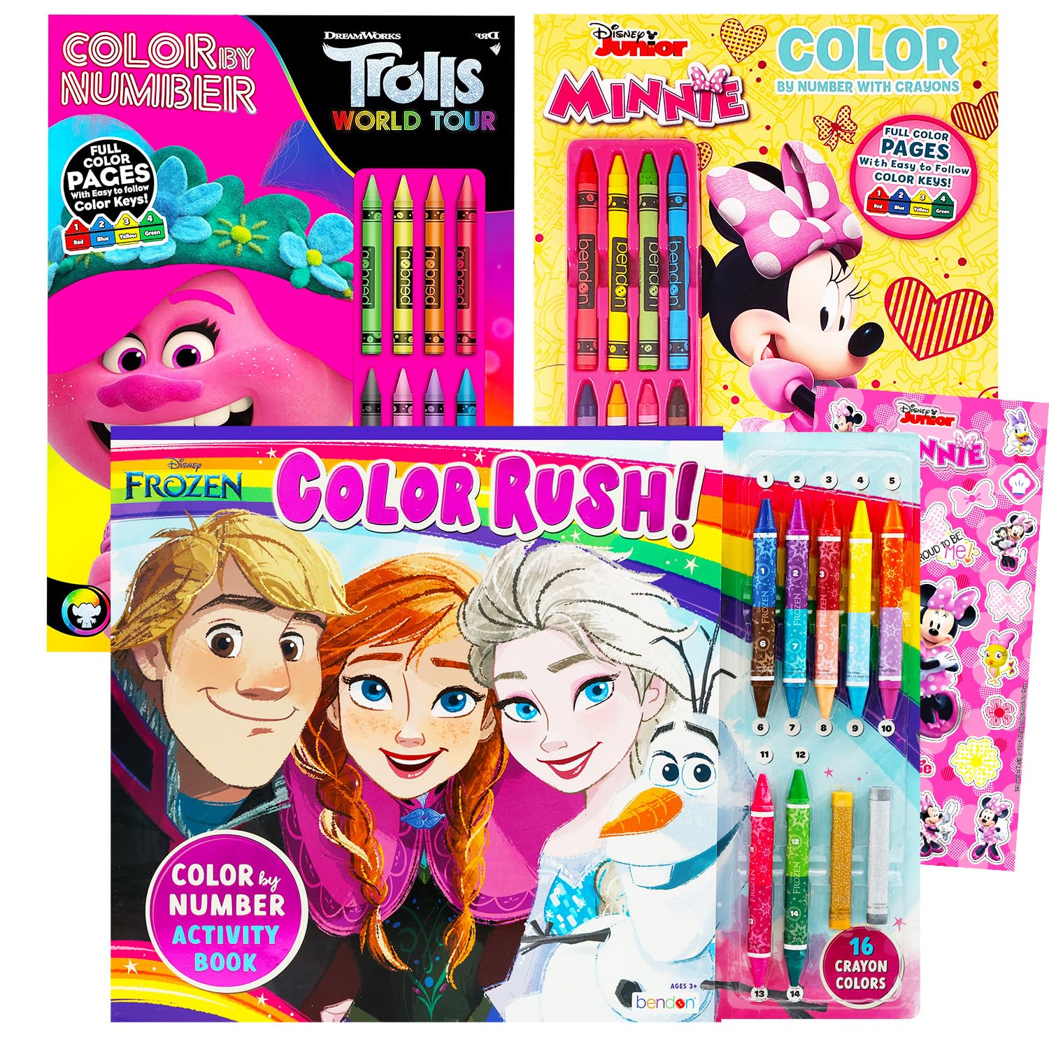 Color by Numbers - Set di libri da colorare per ragazze, confezione da 3 libri da colorare con Troll, Minnie Mouse e Frozen 2 con adesivi (colore per numero, libri da colorare per bambini)