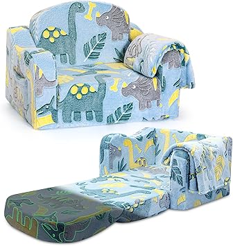 Comfy Toddler Chair and Couch for Kids with Blanket,2-in-1 Soft Plush Fold Out Toddler Couch for Girls and Boys,Convertible Sofa to Lounger for Playroom,Glowing Dinosaur