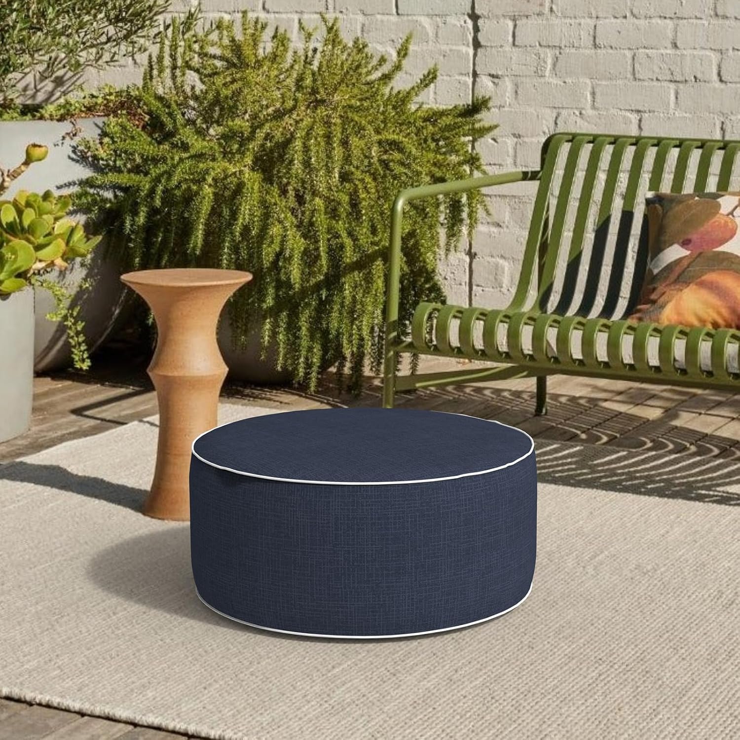 Patio Inflatable Ottoman, 21x9 Inch Portable Stool Ottoman with Handle, Outdoor Round Footrest Stool for Garden Camping, Textured Navy