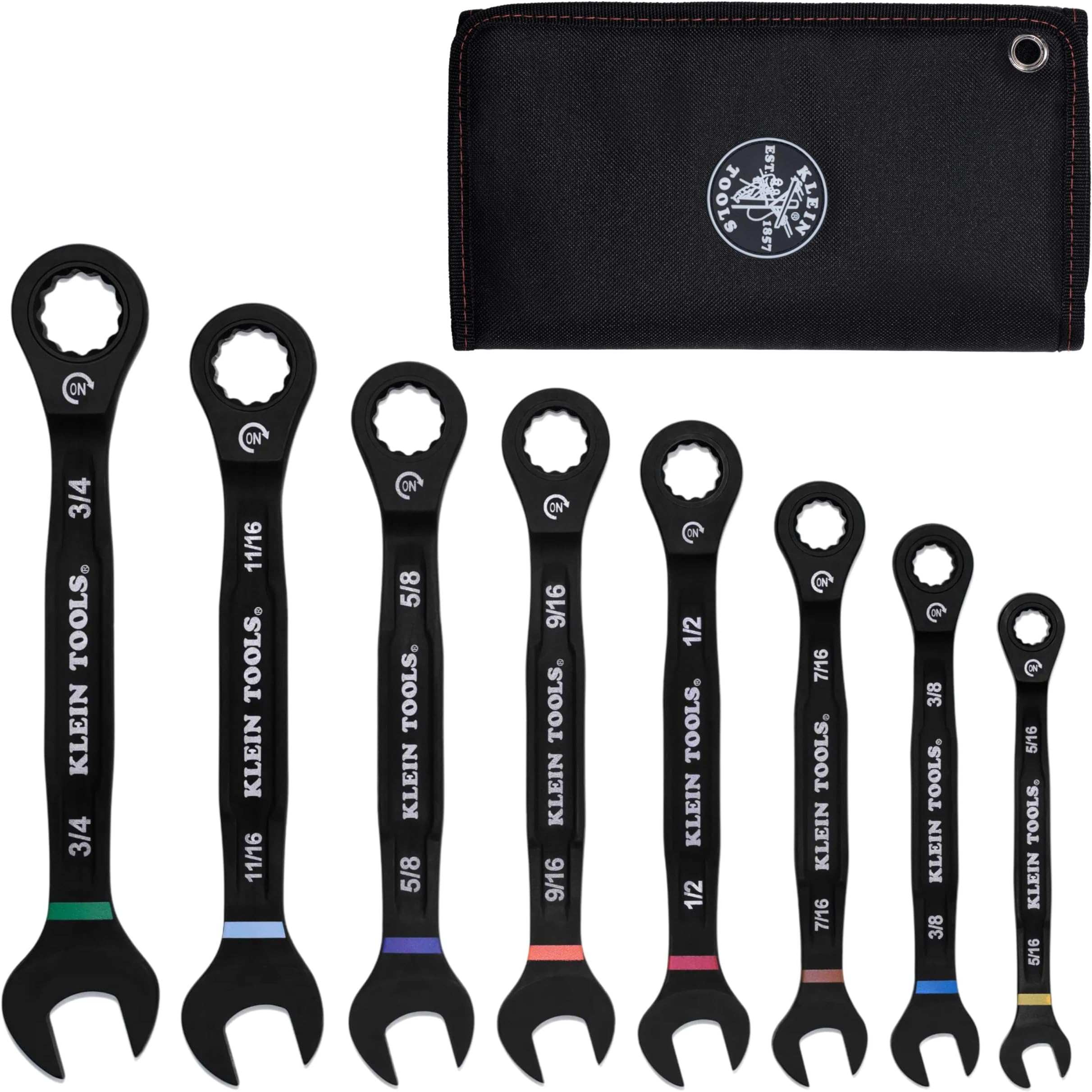 KLEIN TOOLS 69408G Ratcheting Combination Wrench Set, SAE, 5/16 to 3/4 Inch, 90-Tooth Steel Alloy with Foam Pouch, 8-Piece