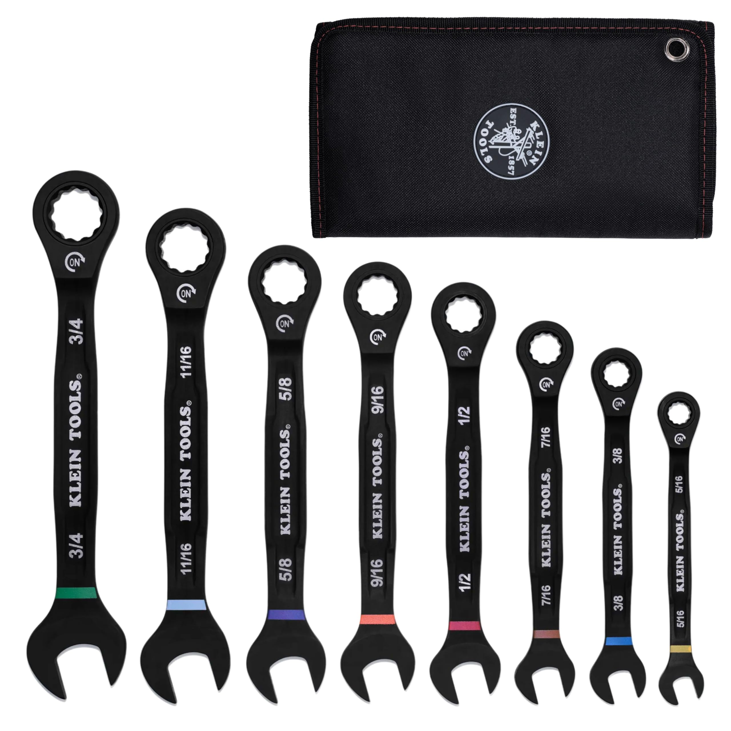 KLEIN TOOLS 69408G Ratcheting Combination Wrench Set, SAE, 5/16 to 3/4 Inch, 90-Tooth Steel Alloy with Foam Pouch, 8-Piece