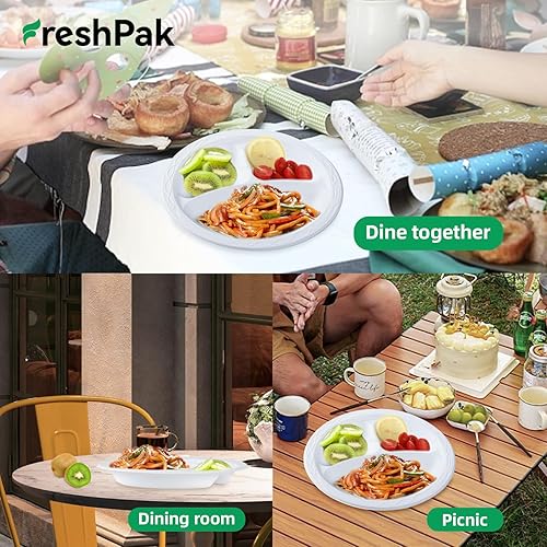 Miniatura 6 de FRESHPAK Platos de plástico blanco, platos llanos de 9 pulgadas con 3 compartimentos, platos resistentes aptos para microondas, platos de fiesta de