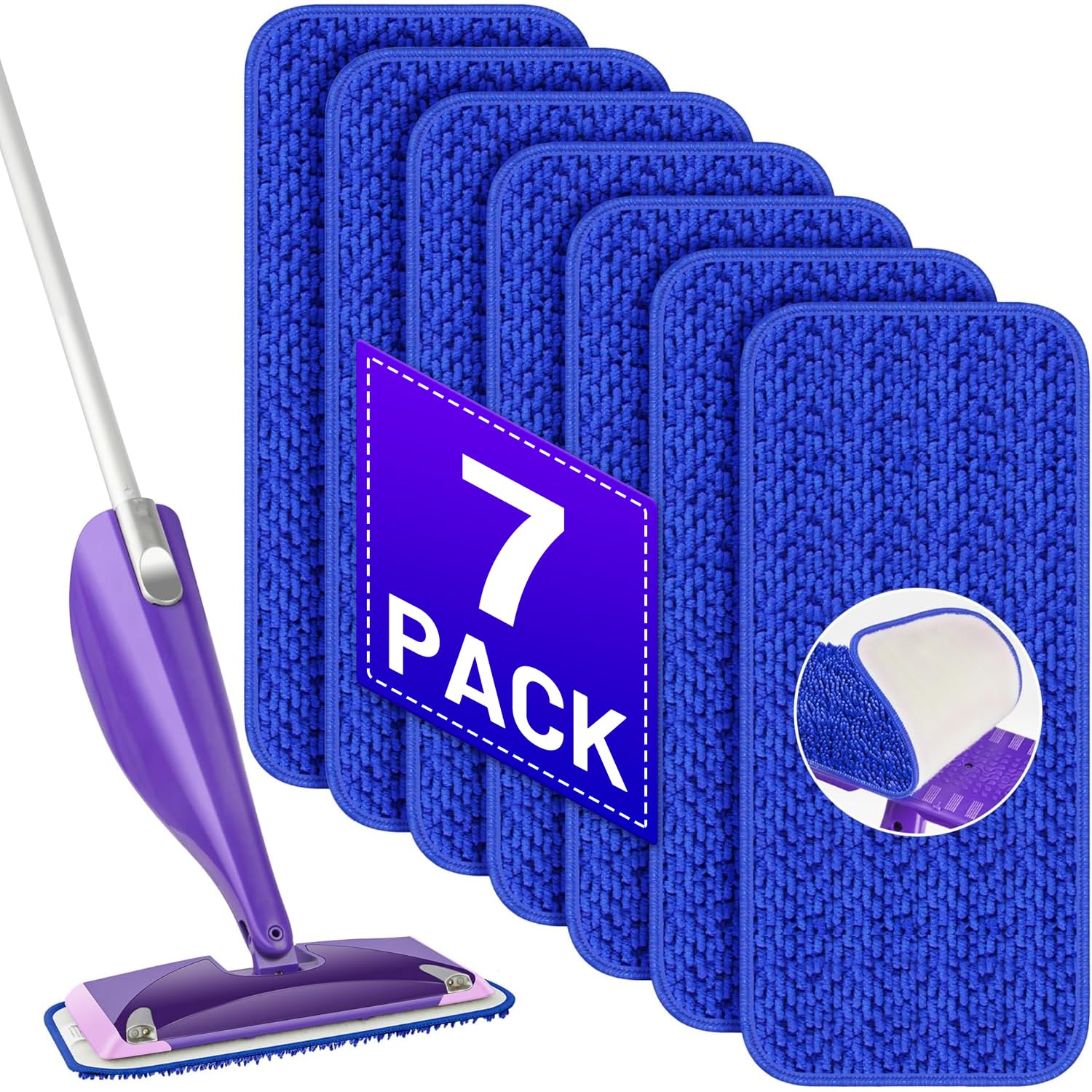 Reusable Mop Refill Pads for Flash Powermop (7 Pack)- Spray Mop Absorbing Mopping Microfibre Pads Replacements for Hardwood Laminate Floor, Wet/Dry Household Cleaning Use, Machine Washable, Blue