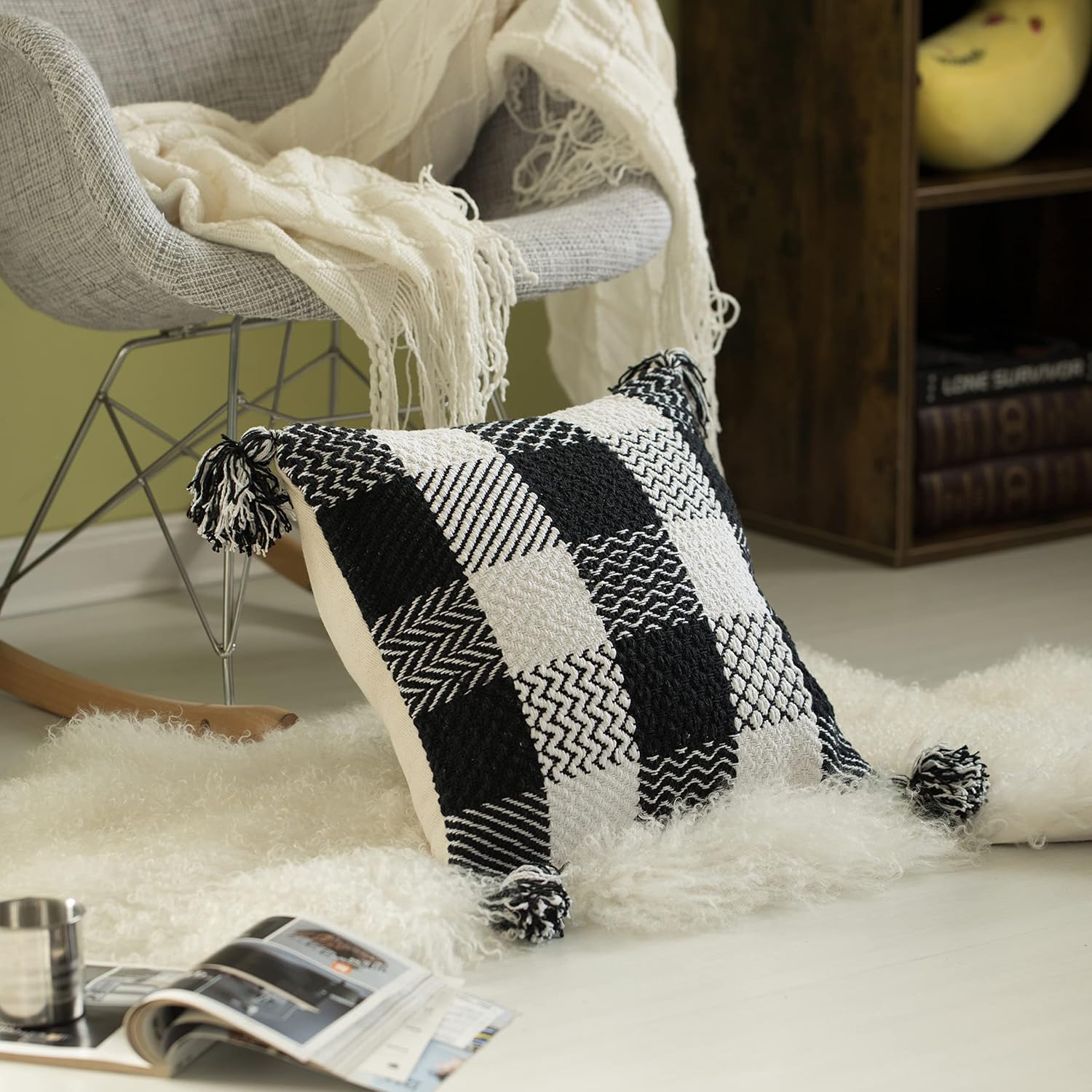 Deerlux 16" Handwoven Cotton Throw Pillow Cover with Patterned Gingham Design and Tasseled Corners, Black & White