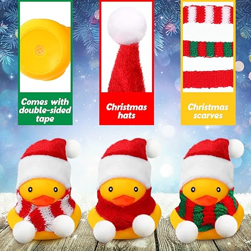 Miniatura 3 de Funtery 12 patos de goma de Navidad a granel con sombreros de Navidad y bufanda, mini duchas de pato de goma para Navidad, invierno, vacaciones,