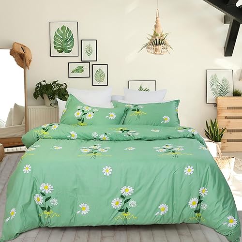 Miniatura 7 de Usfivefam Juego de funda de edredón floral verde individual, funda de edredón botánica de 3 piezas con patrón de margarita, microfibra suave y