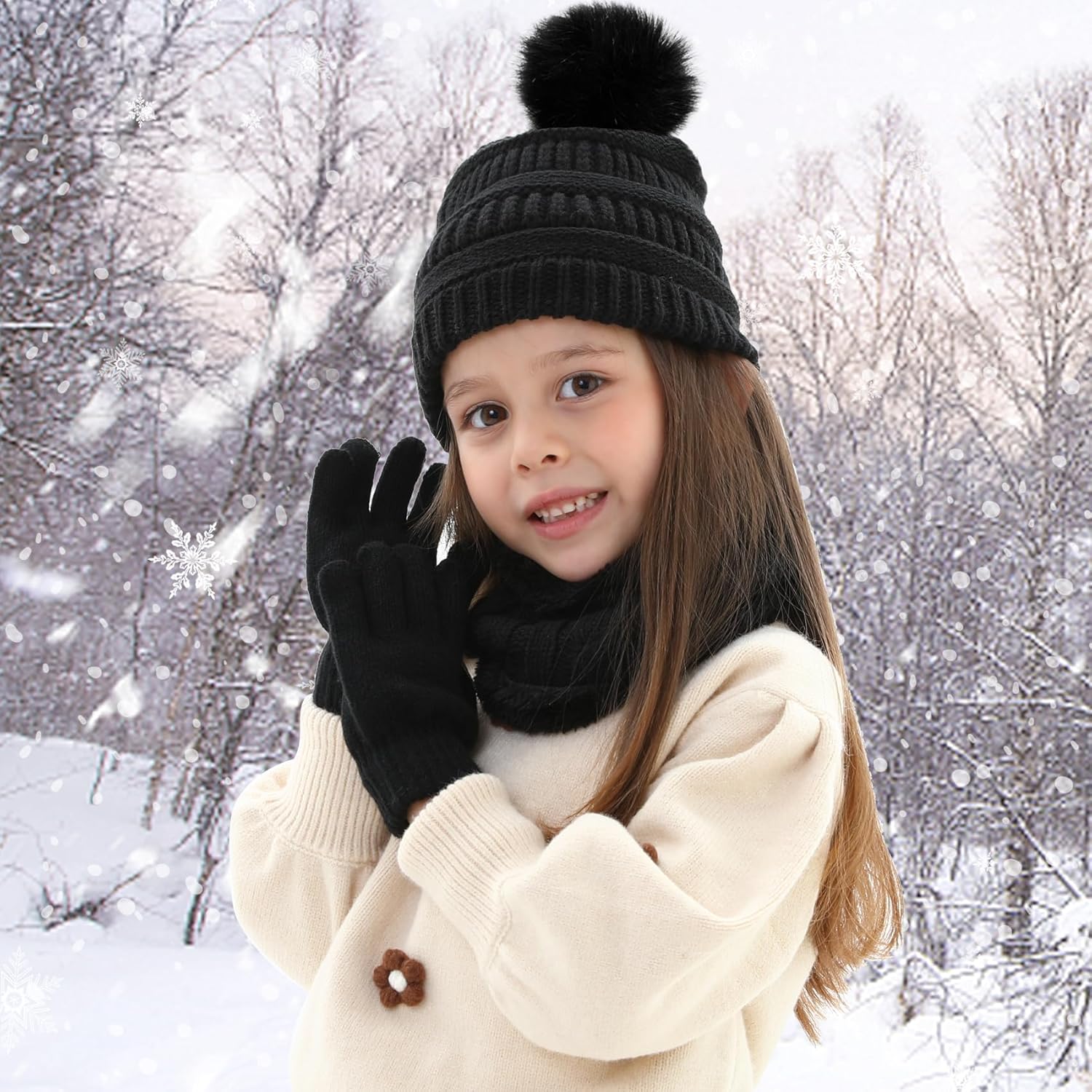 Kids Winter Beanie Hat Scarf Gloves Set for 3-8 Years Old Boys Girls, Thick Warm Knitted Hat Gloves Fleece Lined Scarf Set - Image 6