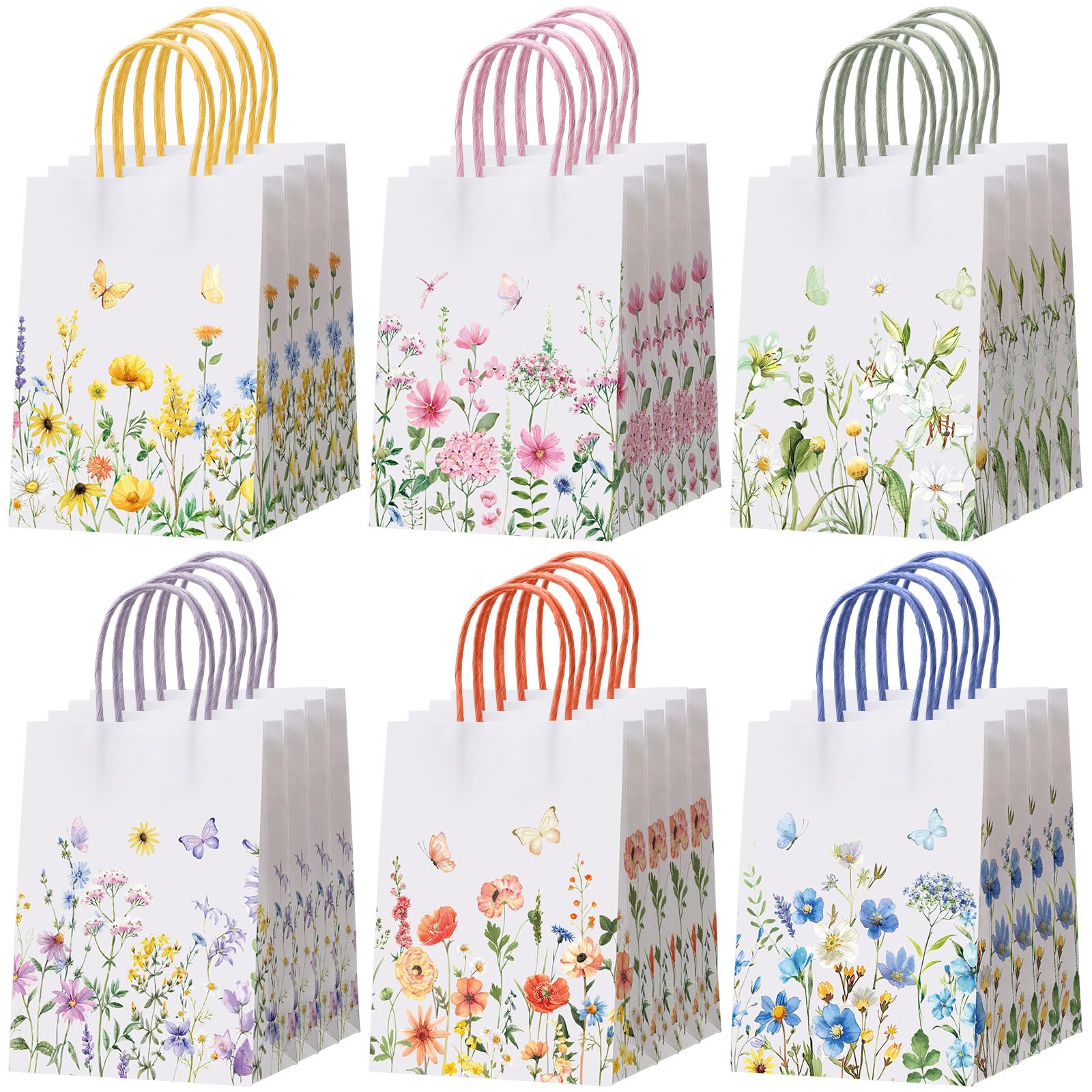 Gaillty 24 Pcs Wildflower Paper Gift Bags 6 Styles, Floral Goodie Bags with Handles Flower Wedding Welcome Bag for Wedding Bridal Shower Engagement Baby Shower Birthday Spring Tea Party Supplies