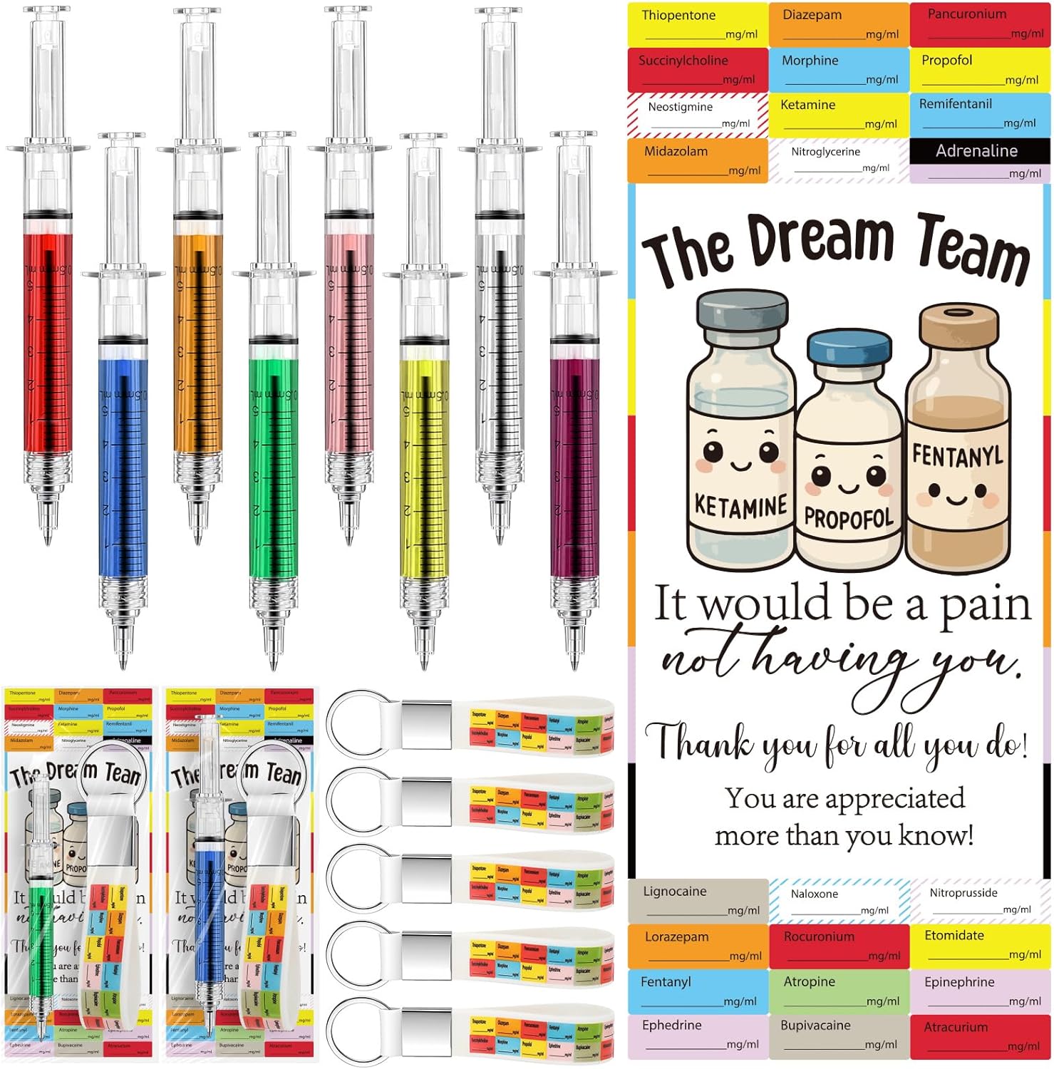 Ceenna 24 Set Syringe Gel Pens Bulk Novelty Nurse Day Gifts Anesthetist Appreciation Gifts Medication Keychains with Thank You Cards Retractable Ballpoint Pen for Nursing School Doctor Nurse Assistant