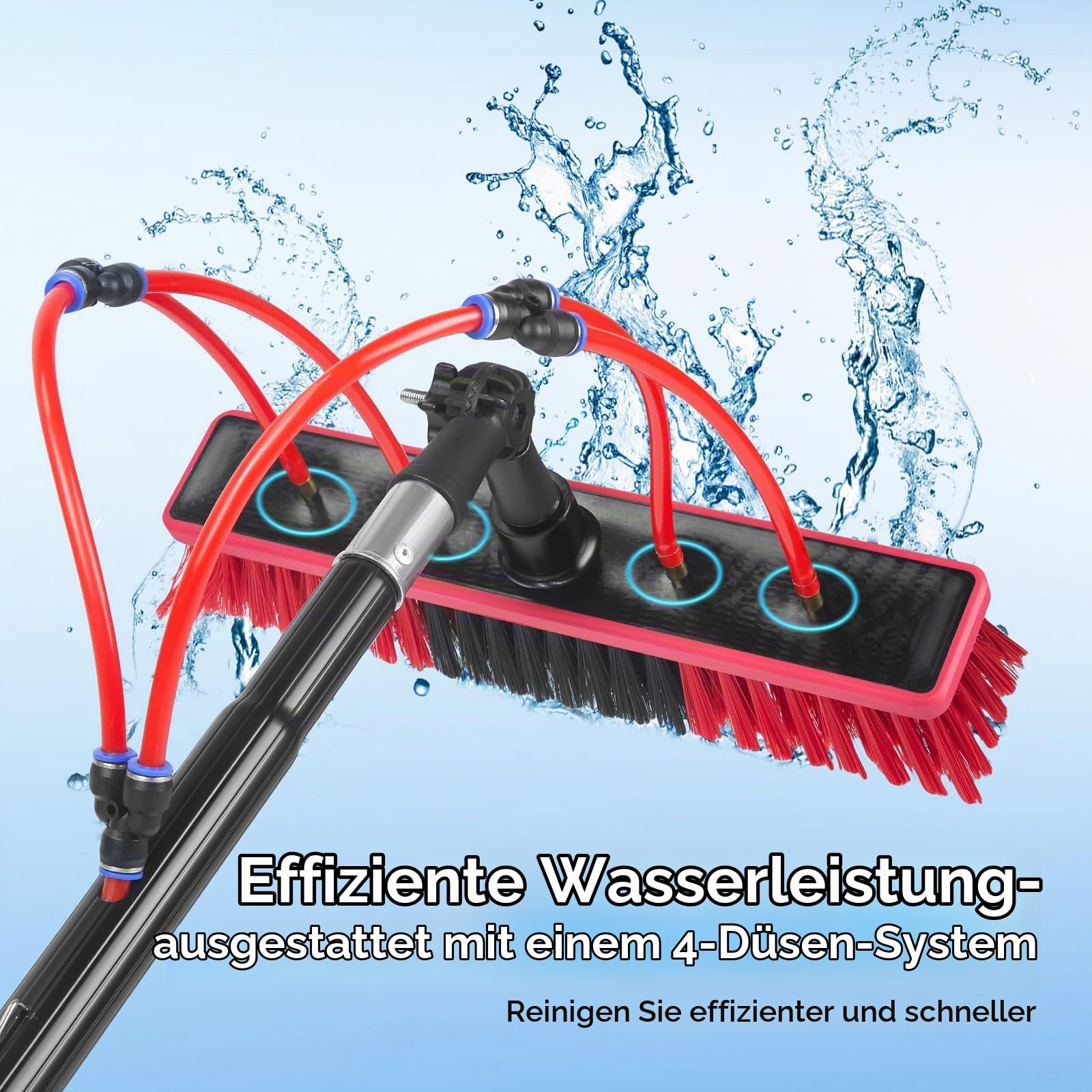 Teleskop Waschbürste mit Wasseranschluss, 4m Teleskopstange Fensterreinigung mit 180° verstellbarem Bürstenkopf & 4 integrierten Düsen, für Photovoltaikanlagen, Fenster, Wohnmobile & Auto