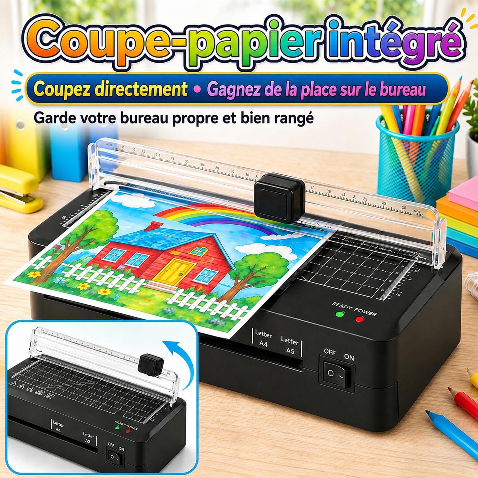 Plastifieuse thermique A4 70S réchauffement rapide coupe-papier intégré portable A5 A6 pochettes maison bureau école