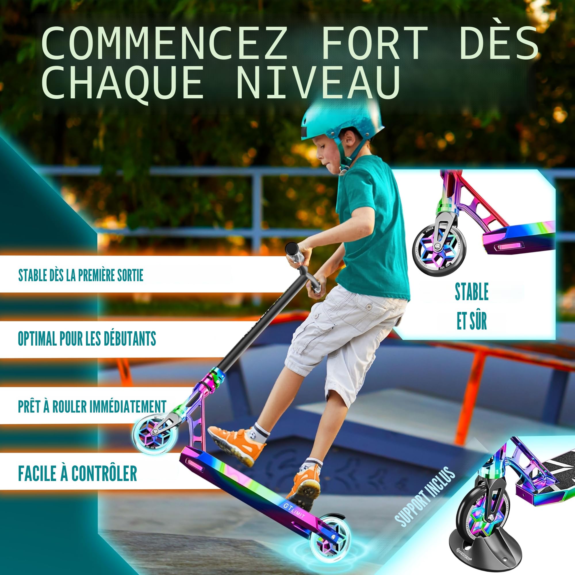 KESSER® Trougetinette de Freestyle GT-Limit 360Ḟ Direction trougetinette Funscooter Trougetinette de Freestyle avec béquille ABEC 9 roulements à Billes, Roues en PU 110 mm,
