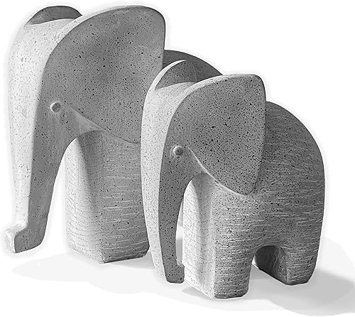 Esculturas de elefante, 2 piezas (6 pulgadas de alto y 5 pulgadas de alto) hechas a mano para decoración de estantes, gris claro