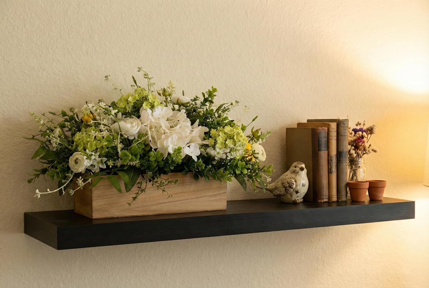 Spring Easter Centerpiece for Table, 18" L Lifelike Artificial Flowers in Rustic Whitewashed Rectangular Wood Box, Lush Spring Faux Floral Arrangement Farmhouse Mantel Shelf Kitchen Island Decor