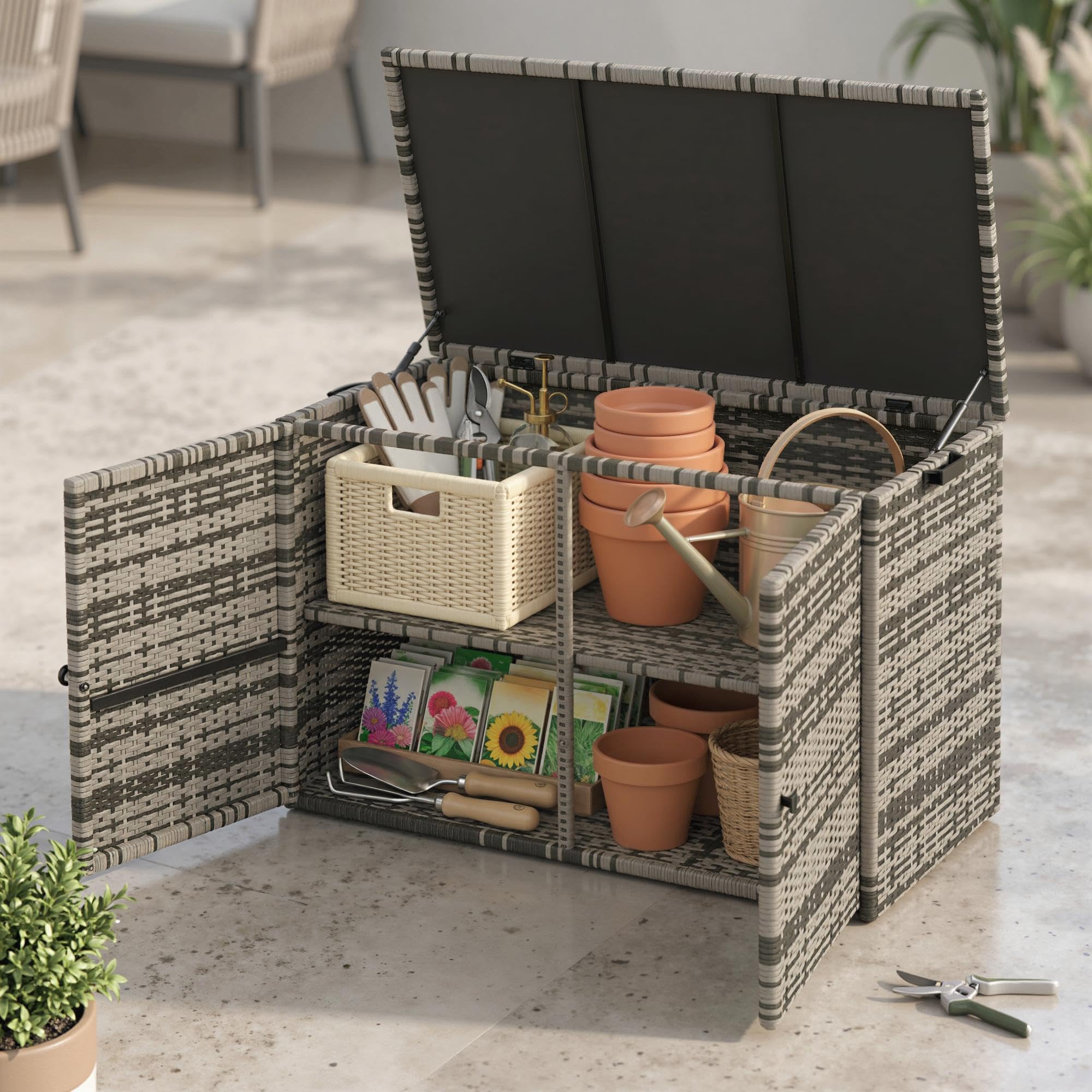 Outsunny Rattan Auflagenbox 350L 2-Ebenne wetterfest Kissenbox mit Deckel Hebestangen Tragegriffe UV-beständig Gartenbox Aufbewahrungsbox Gartentruhe für Garten Terrasse Balkon 118x57x69 cm Mischgrau