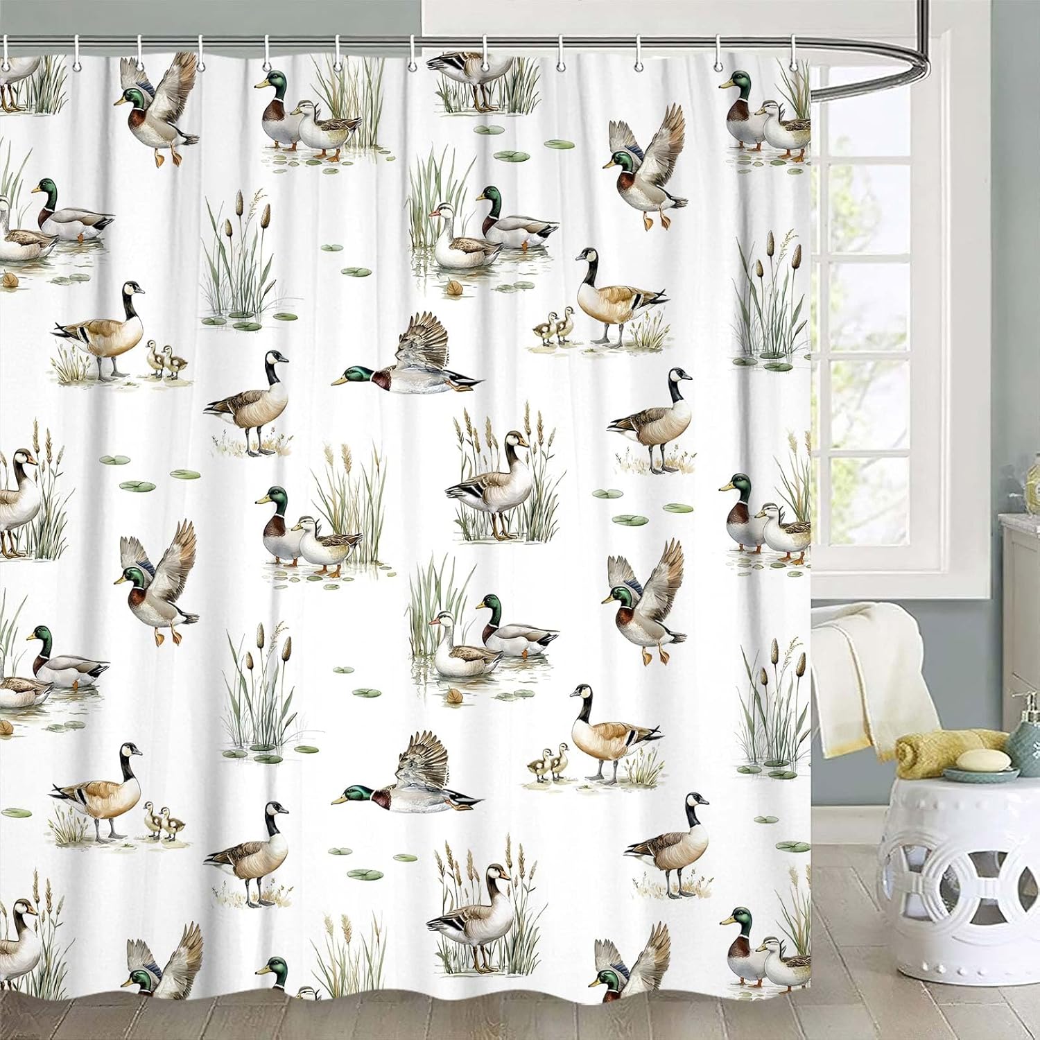 JAWO Mallard Duck Shower Curtain Hunting Theme Wild Animal Bath Curtains Set Cabin Duck Pattern Neutral Bathroom Decor for Boys Girls Waterproof Fabric Shower Curtains with Hooks