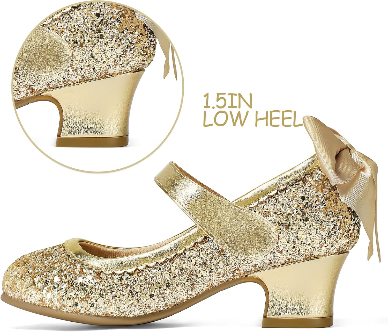 K KomForme Girls Dress Shoes Glitter Mary Jane Pumps with Bow, Low Heel Party Wedding Princess Shoes (Toddler/Little Kids/Big Kids) - Image 4