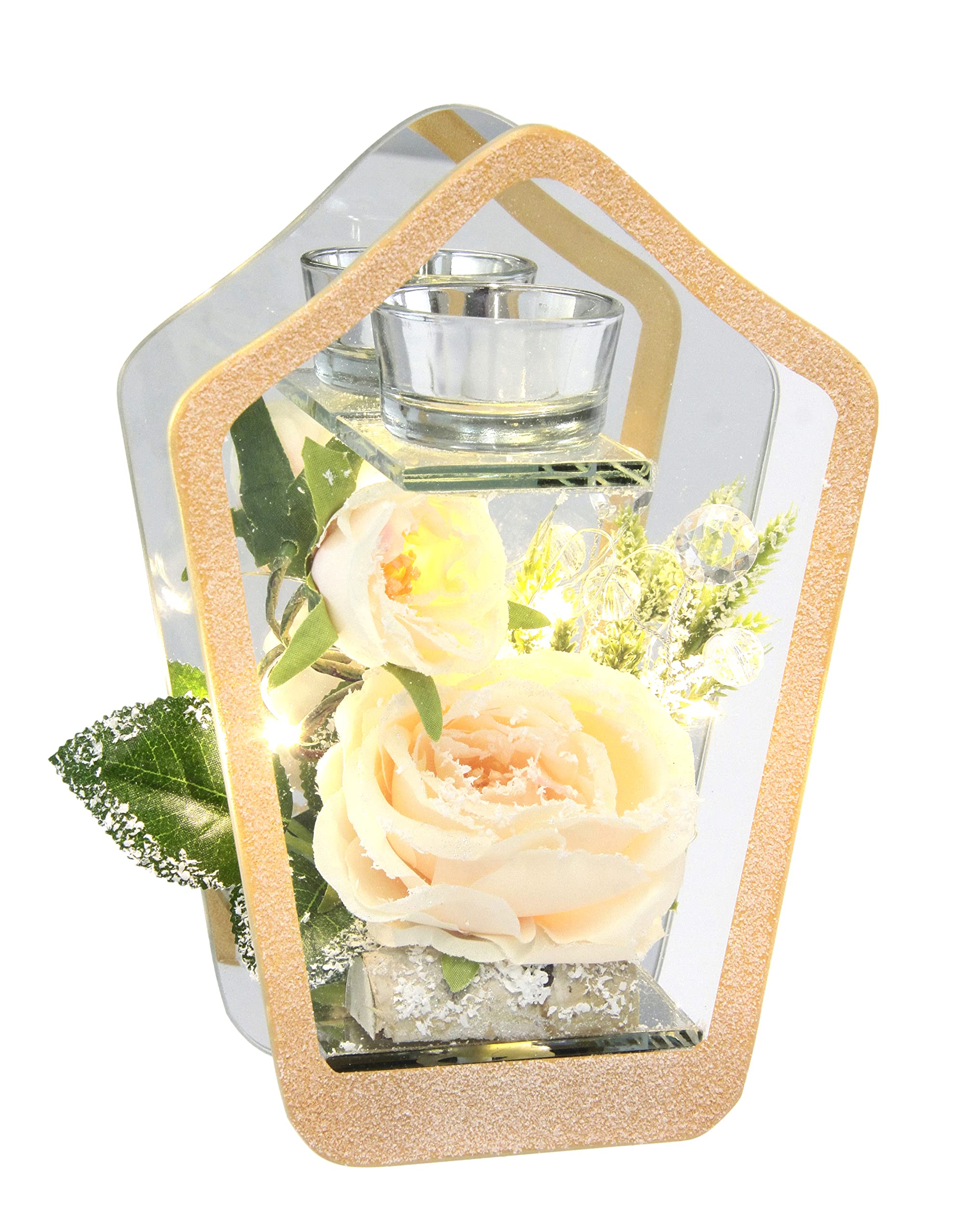 Photophore décoratif en verre avec fleurs artificielles et éclairage LED