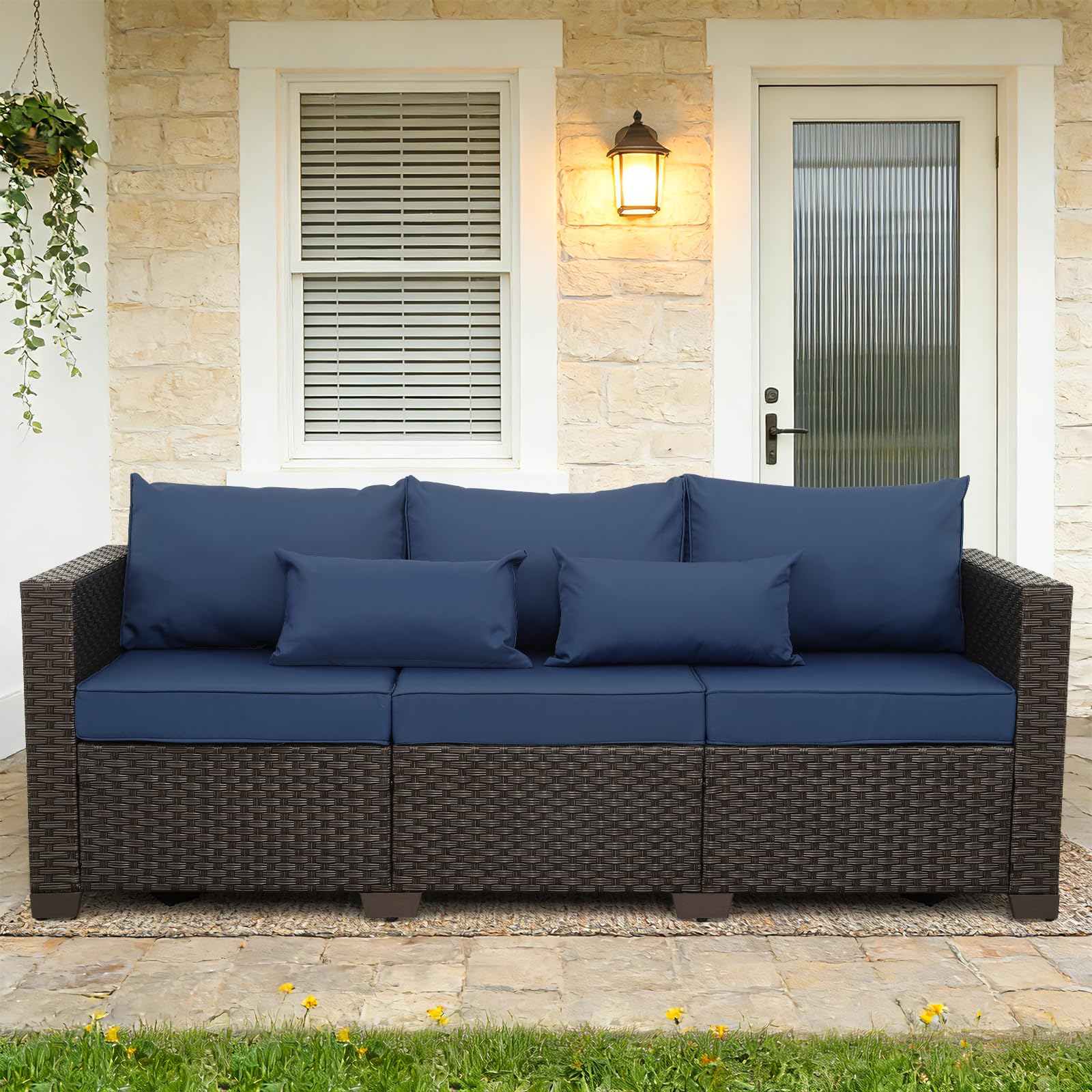 Patio Furniture Outdoor Couch 3 Seater Sofa Outdoor Brown Wicker Sofa Deep Seat High Backrest Patio Couch with Non-Slip Cushions and Waterproof Cover, Navy Blue