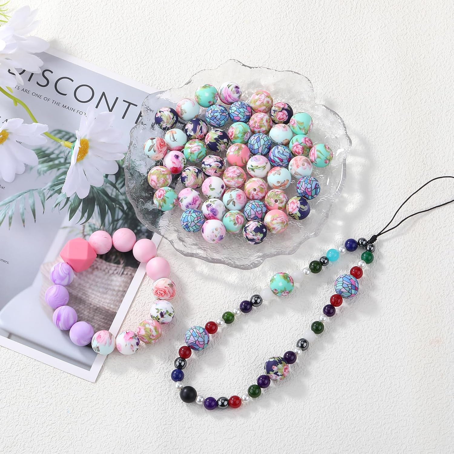 54 Pcs 15mm Silicone Beads for Keychain Making Round Floral Focal Beads for Pens Necklace Bracelets Jewelry Making - Image 4