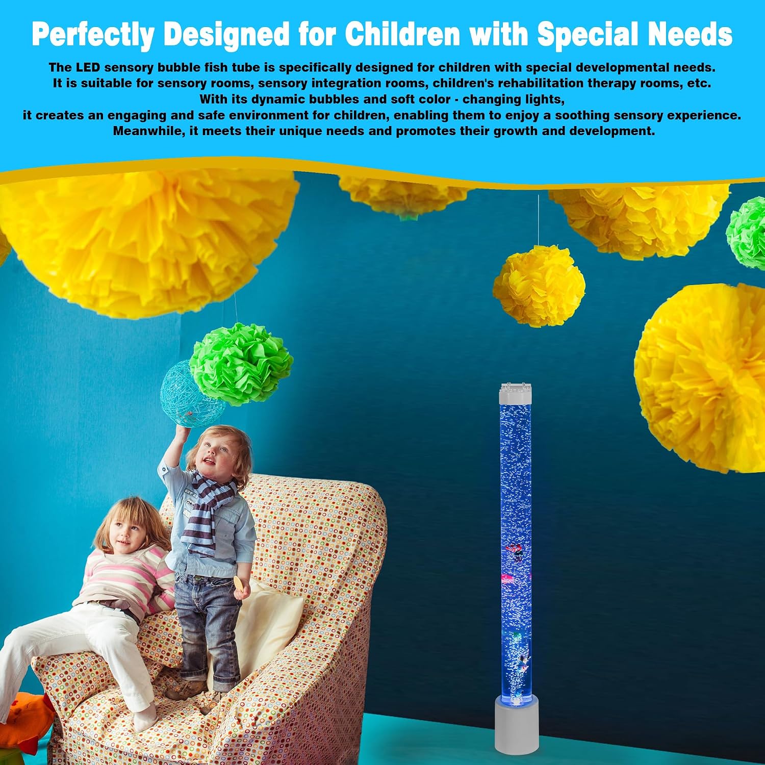 Water Bubble Fish Tube Lamp- Wall-Mountable Sensory Aquarium Night Light with 8 Color Options, Remote Control - Calming Floor Lamp for Autistic Children & Stress Relief (Includes Wall Bracket) (4FT)