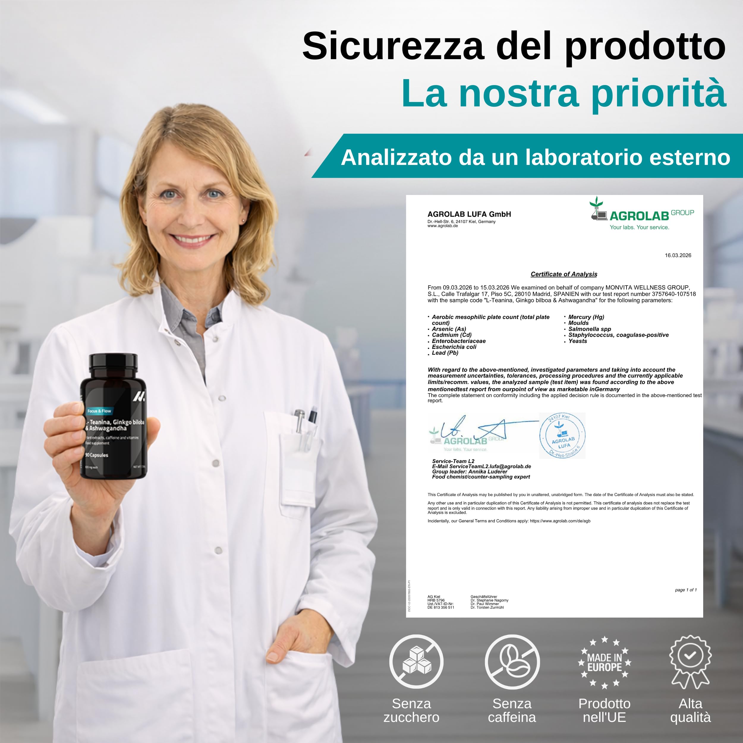 L Teanina, Ginkgo Biloba, Ashwagandha – Nootropico con Bacopa Monnieri, caffeina naturale, vitamine B6 & B12 ad alto dosaggio | Focus, concentrazione & energia senza nervosismo | 90 capsule vegane
