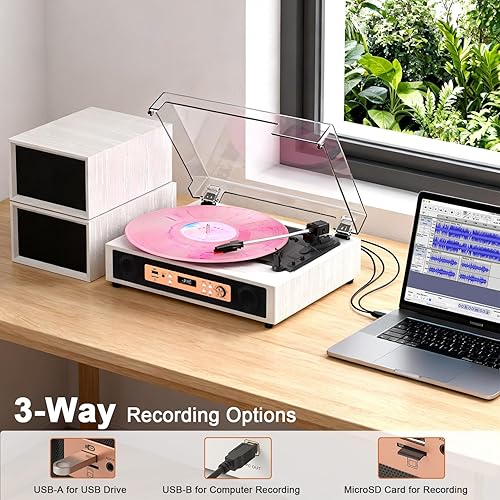 Miniatura 4 de Tocadiscos Bluetooth con altavoces estéreo integrados y externos, tarjeta USBTF y grabación de PC, tocadiscos vintage de 3 velocidades con salidas