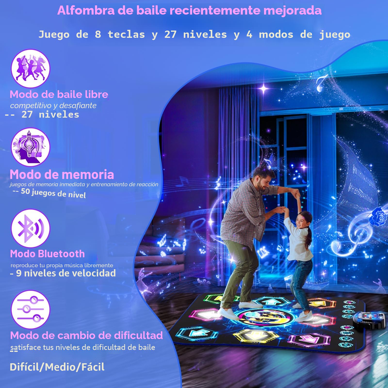 2026 Nueva Alfombra de Baile para Niños,Alfombra de Baile Electrónica con 8 Botones Luminosos y Batería Led,Bluetooth Inalámbrico y 27 Niveles de Juego,¡un Gran Regalo de Cumpleaños para Niñas y Niños