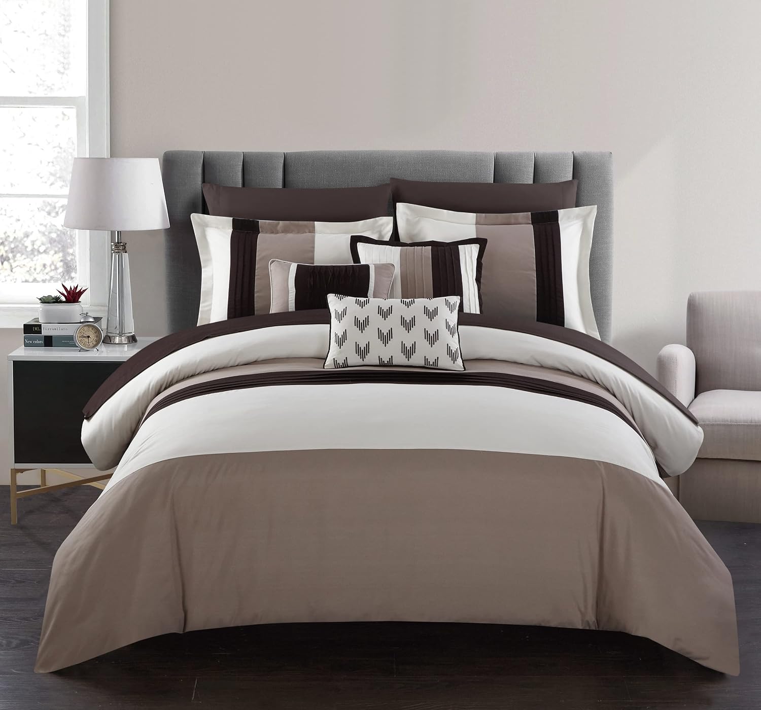 Chic Home Eyelet 10 Piece Comforter Set Color Block Ruffled Bag Bedding-Decorative Pillows Shams Included, Queen, Beige