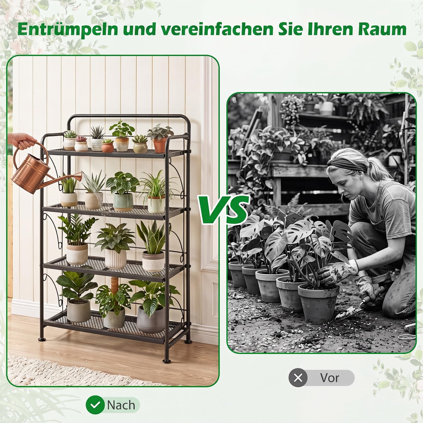COSTWAY 4 Etagen Pflanzenständer klappbar, Blumenständer Metall, Blumenregal mit verstellbarer Ablage, bis 40kg, Pflanzenregal Blumentreppe Pflanzentreppe, Garten Terrasse Balkon, Schwarz, 60x25x100cm
