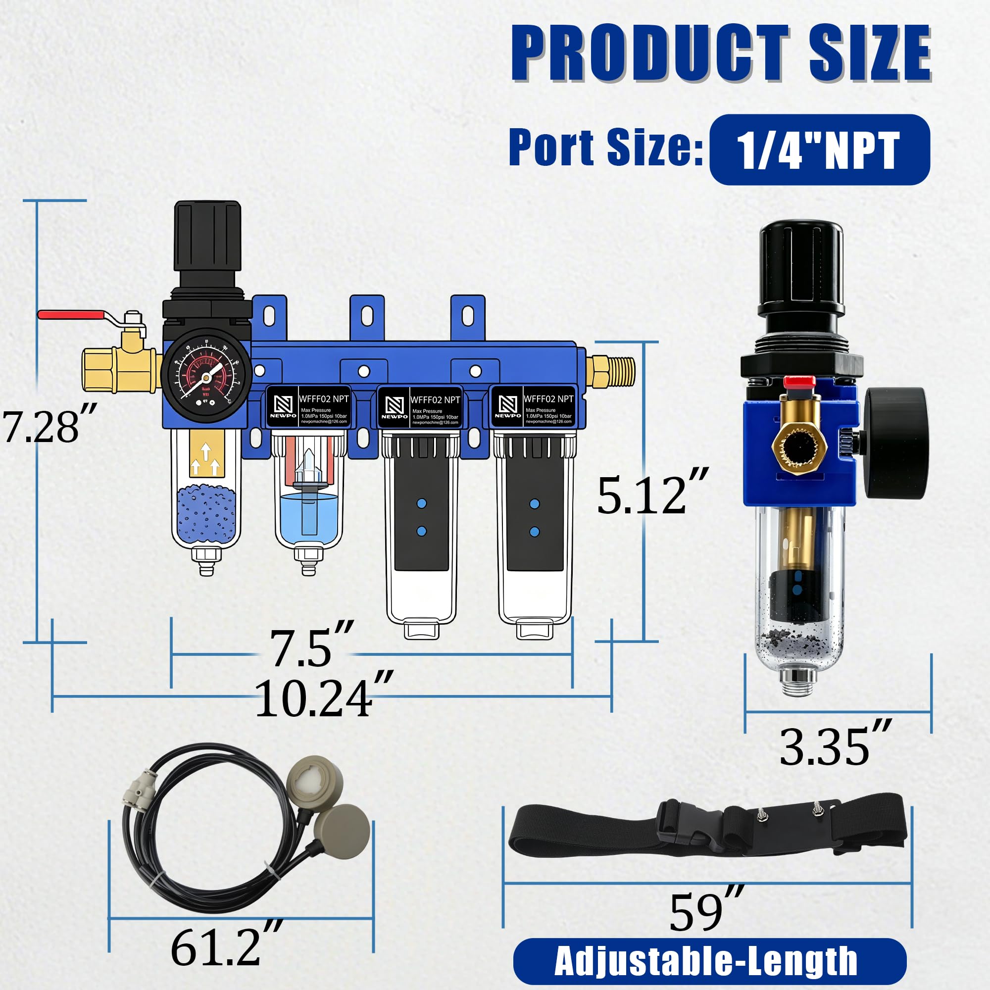 NEWPO Secador de aire NPT de 4 etapas de 1/4 pulgadas para compresor, regulador de filtro de aire, separador de agua/aceite/olor, latón de 5 μm y filtros coalescentes y desodorizantes de 0,01 μm