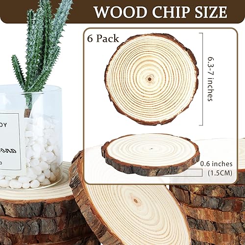 Miniatura 2 de Paquete de 6 rebanadas de madera sin terminar, círculo redondo de madera de 6.3 a 7 pulgadas con corteza de árbol, centros de mesa grandes de madera